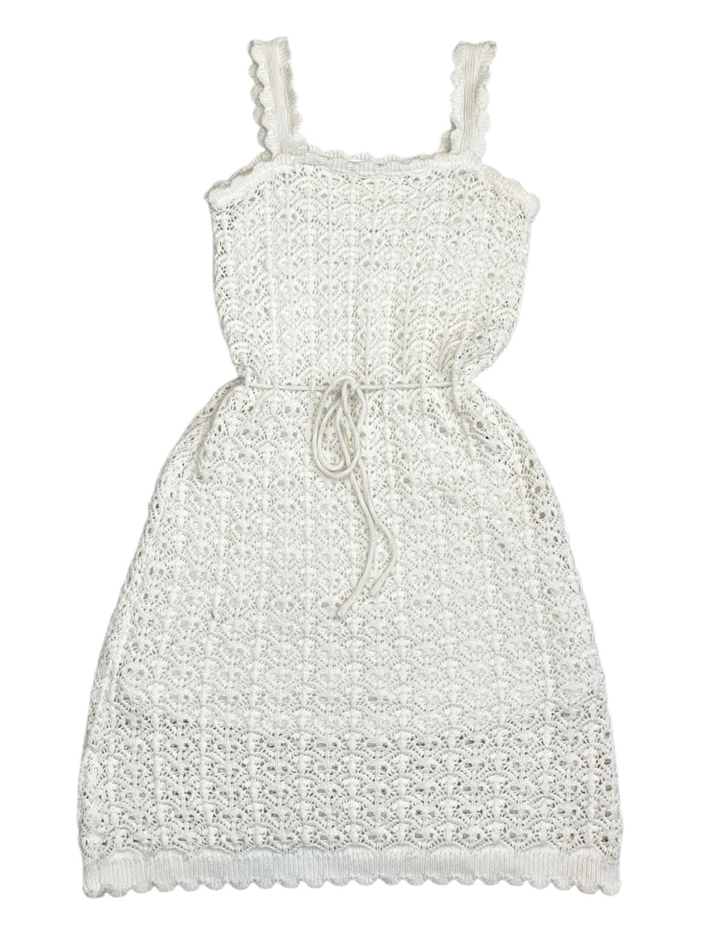 Jessica Simpson Ivory Boho Crochet Lace Scalloped Hem Waist Tie Dress Size Small